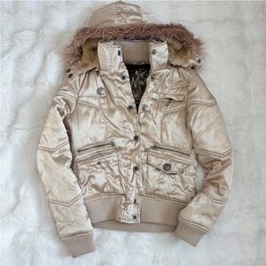 Stradivarius Champagne Satin Faux Fur Hood Bomber Jacket